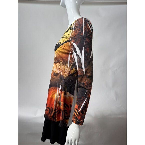 Halloween Castle & Cat Print Long Sleeve Tunic Top - Picture 12 of 16